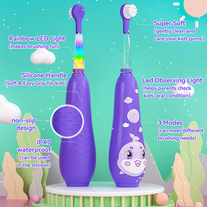 SEAGO Kids Electric Toothbrushes – Rechargeable Toddler Brush with Magnetic Charging & LED Light (Ages 2-6) Purple