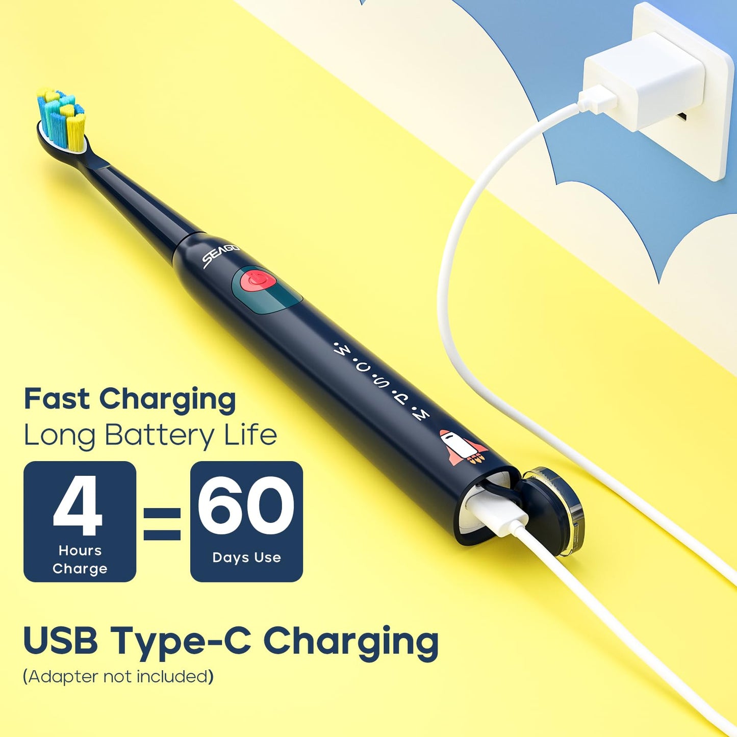 SEAGO Kids Electric Toothbrush SG2303 Navy – 8 Brush Heads, 5 Modes, 2-Minute Timer