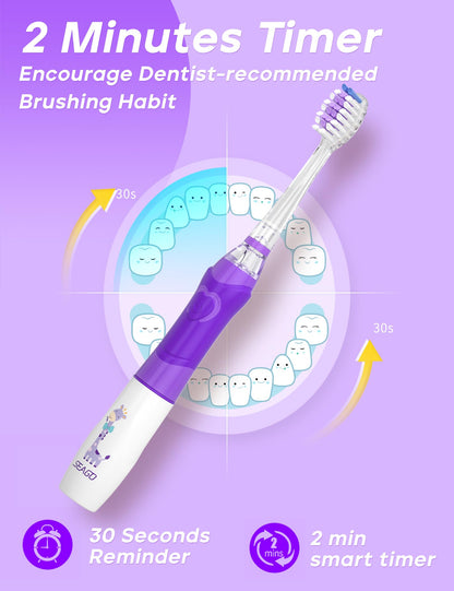 SEAGO Kids Electric Toothbrush SG-977 – 2-Min Timer, 4 Replacement Heads, Purple (4–12 yrs)
