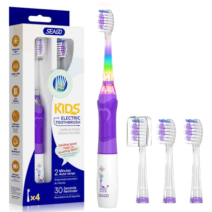 SEAGO Kids Electric Toothbrush SG-977 – 2-Min Timer, 4 Replacement Heads, Purple (4–12 yrs)