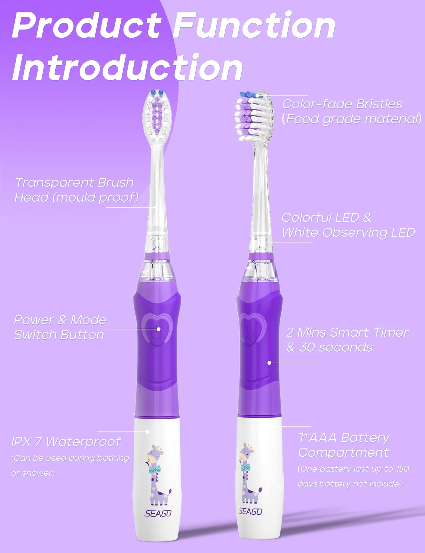 SEAGO Kids Electric Toothbrush SG-977 – 2-Min Timer, 4 Replacement Heads, Purple (4–12 yrs)