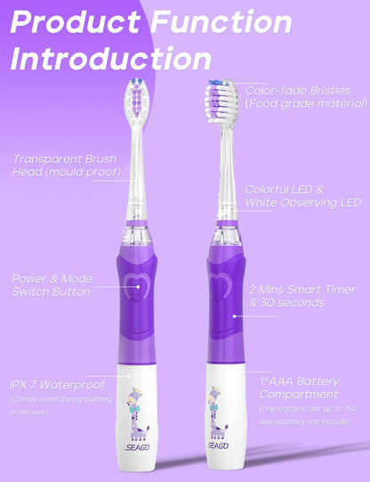 SEAGO Kids Electric Toothbrush SG-977 – 2-Min Timer, 4 Replacement Heads, Purple (4–12 yrs)