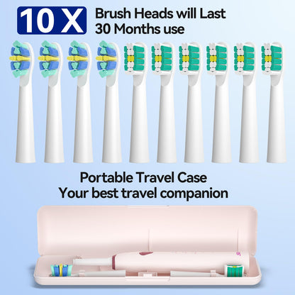 SEAGO SG-2316 Pink Electric Toothbrush – 10 Brush Heads, Travel Case, Smart Timer