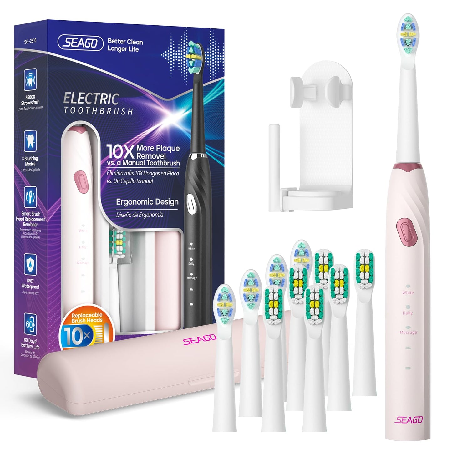 SEAGO SG-2316 Pink Electric Toothbrush – 10 Brush Heads, Travel Case, Smart Timer