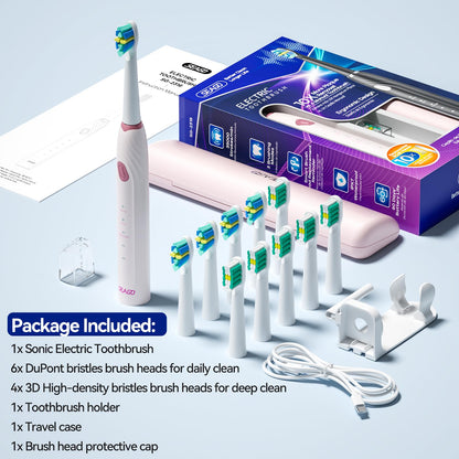 SEAGO SG-2316 Pink Electric Toothbrush – 10 Brush Heads, Travel Case, Smart Timer