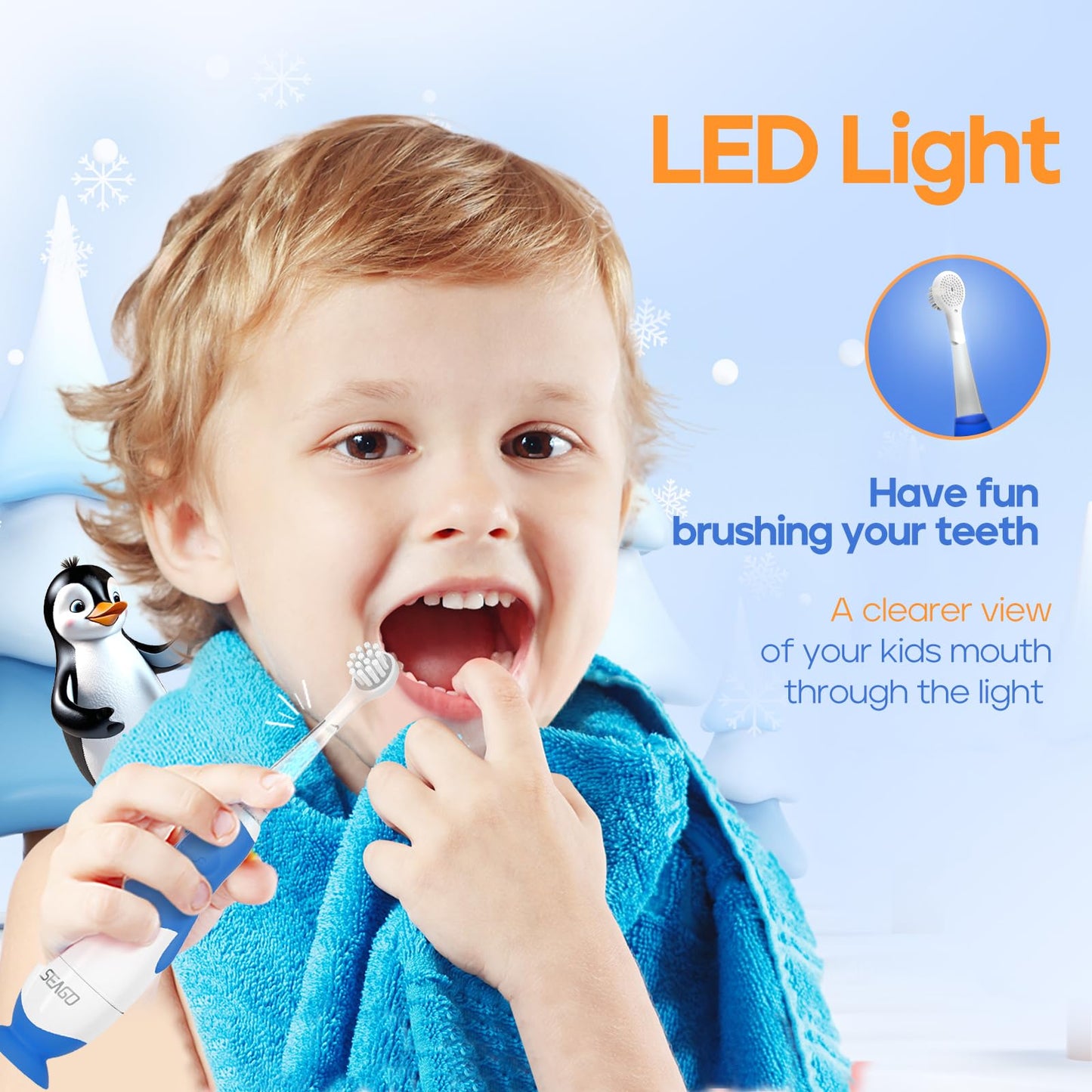 SEAGO SG-513 Navy-C Toddler Electric Toothbrush (0-3y) – 2-Min Timer, 4 Replacement Heads