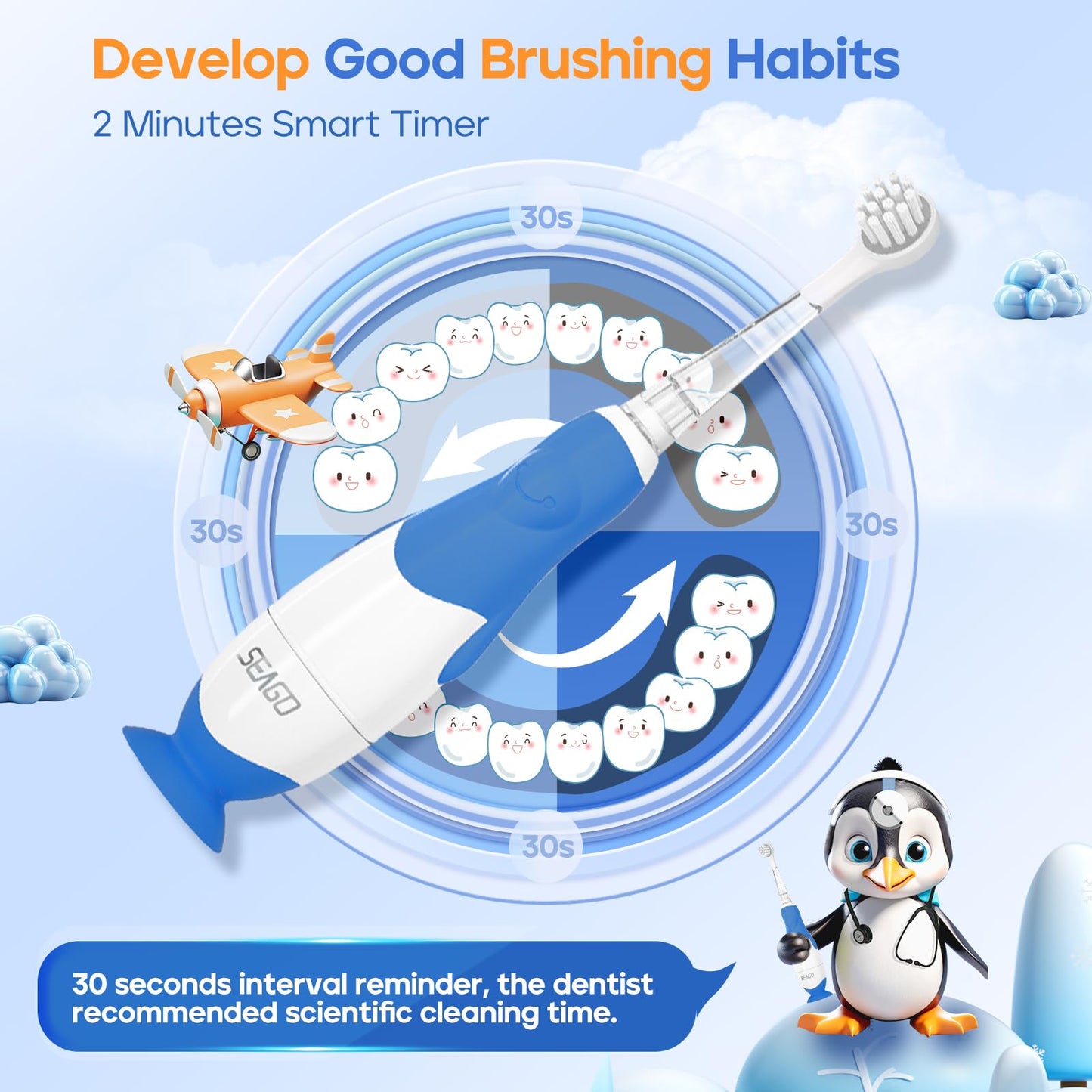 SEAGO SG-513 Navy-C Toddler Electric Toothbrush (0-3y) – 2-Min Timer, 4 Replacement Heads
