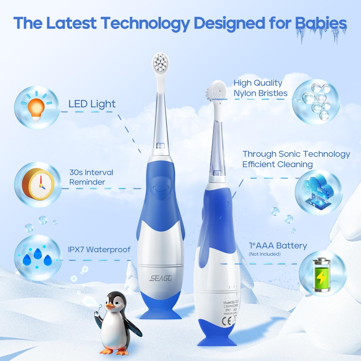 SEAGO SG-513 Navy-C Toddler Electric Toothbrush (0-3y) – 2-Min Timer, 4 Replacement Heads