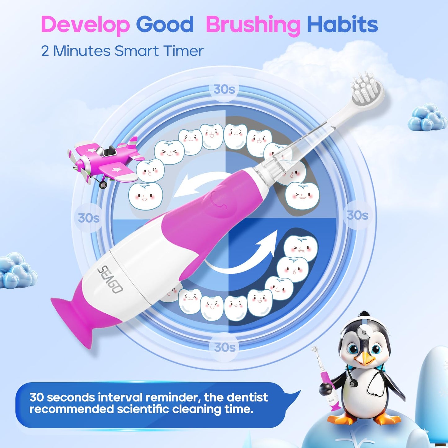 SEAGO SG-513 Purple-C Toddler Electric Toothbrush for 0-3 Years | Smart Timer