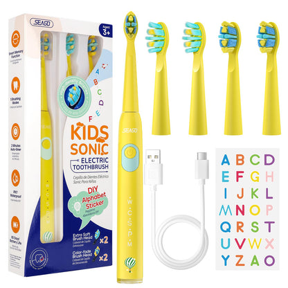 SEAGO Kids Electric Toothbrush - 5 Modes, DIY Stickers, 4 Heads, Ages 3-12, Yellow