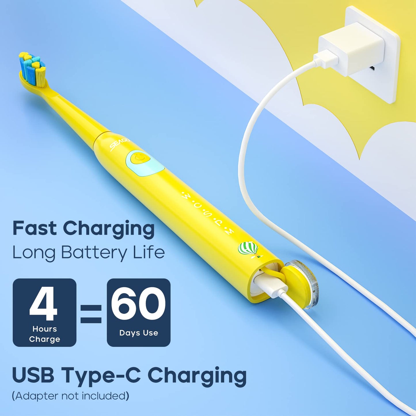 SEAGO Kids Electric Toothbrush - 5 Modes, DIY Stickers, 4 Heads, Ages 3-12, Yellow