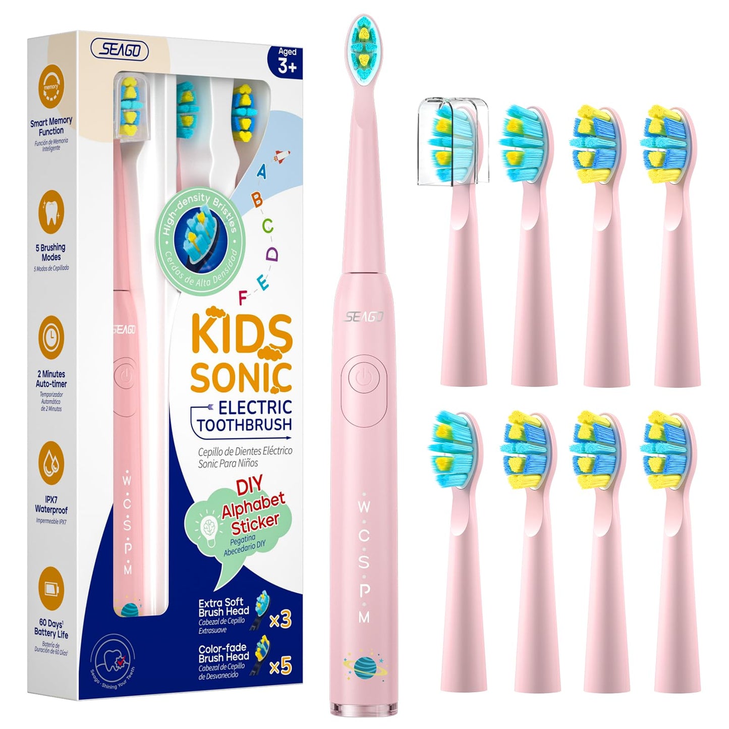 SEAGO Kids Electric Toothbrush SG2303 Pink – 5 Modes, 8 Heads, Ages 3–12