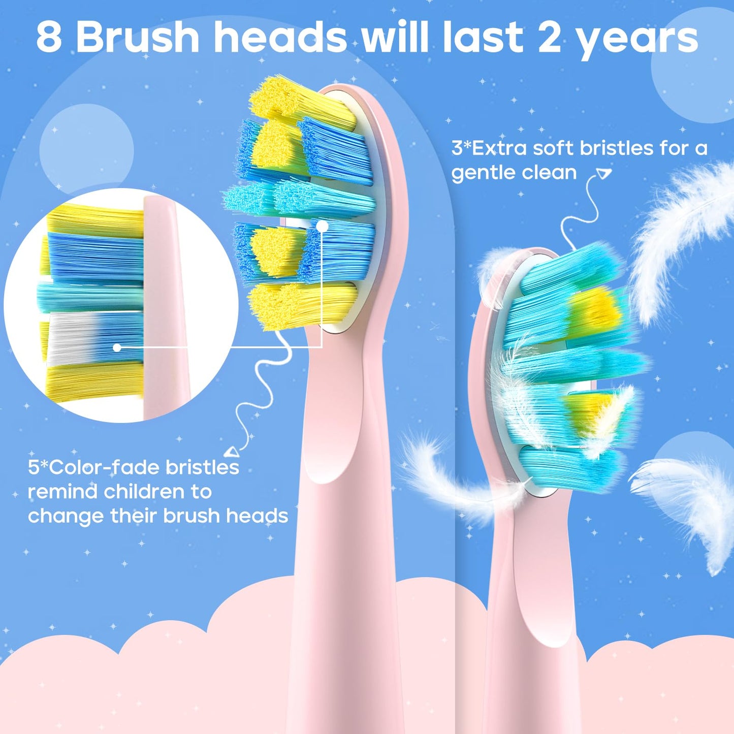 SEAGO Kids Electric Toothbrush SG2303 Pink – 5 Modes, 8 Heads, Ages 3–12