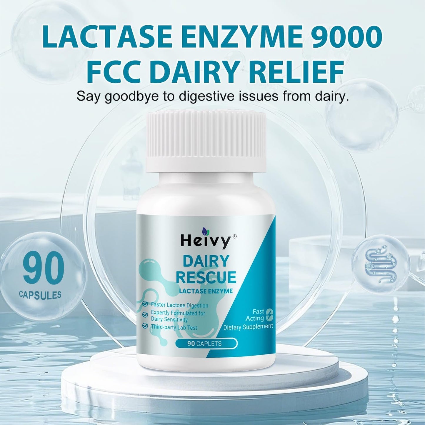 Heivy Lactase Enzyme 3000 FCC Dairy Relief – Fast Acting Lactose Pills, 90 Caplets, Made in USA (2 Pack)