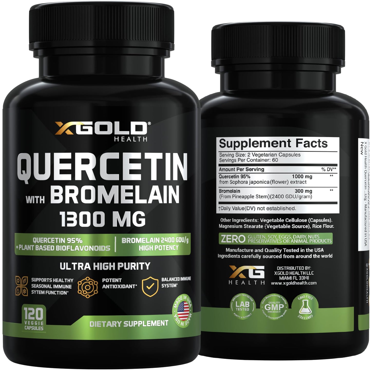 Quercetin + Bromelain 1300mg – 95% Quercetin, 2400 GDU/g Bromelain | Made in USA | 120 Caps