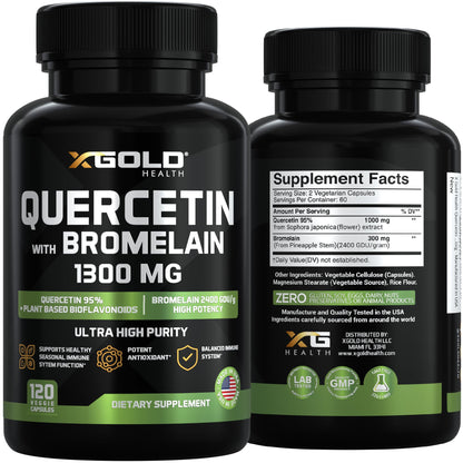 Quercetin + Bromelain 1300mg – 95% Quercetin, 2400 GDU/g Bromelain | Made in USA | 120 Caps