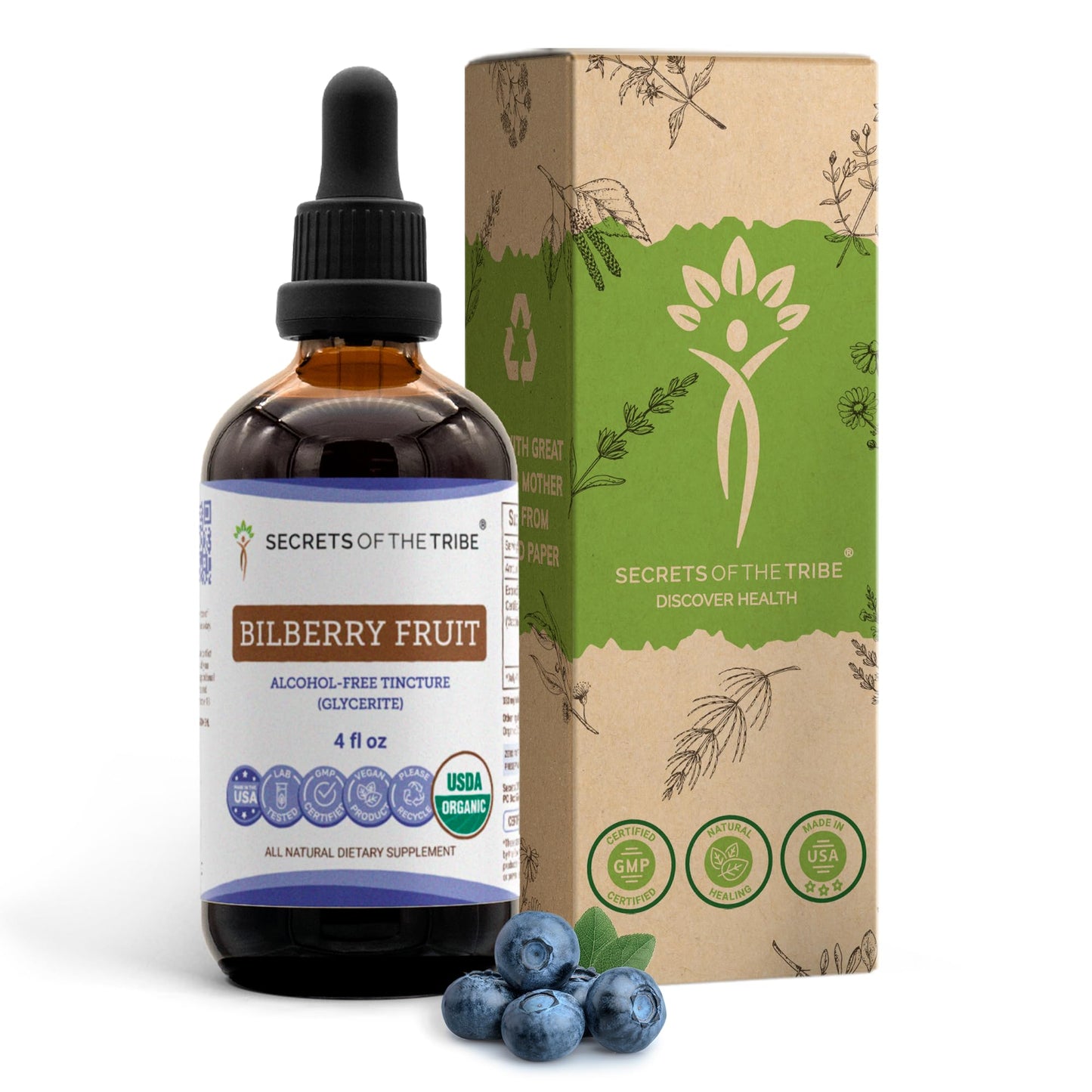 Secrets of the Tribe Bilberry Fruit Alcohol-Free Liquid Extract – USDA Organic Bilberry (Vaccinium Myrtillus) Dried Fruit Tincture Supplement (4 FL OZ)