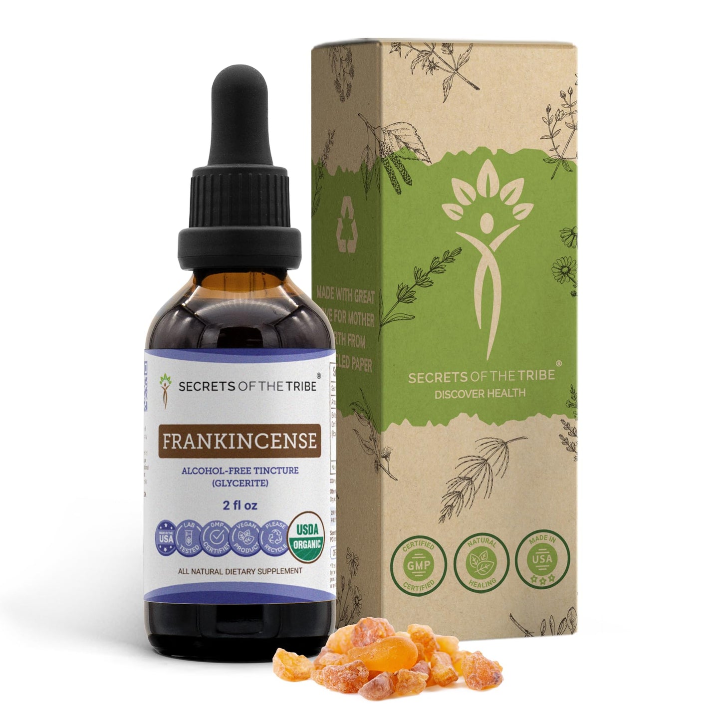 Secrets of the Tribe Frankincense USDA Organic Tincture Alcohol-Free Extract, Frankincense (Boswellia Serrata) Dried Resin 2 oz