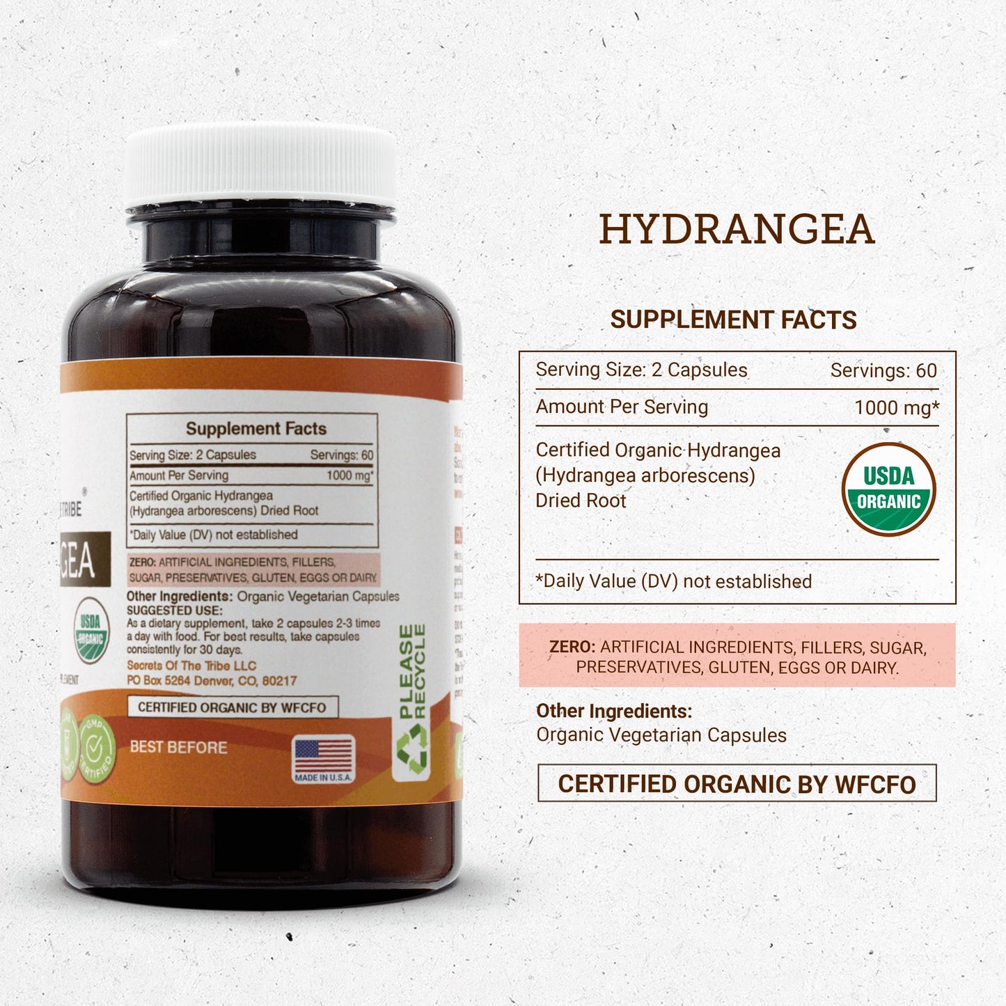 Secrets of the Tribe Hydrangea USDA Organic Capsules – Hydrangea arborescens Dried Root, 120 Count
