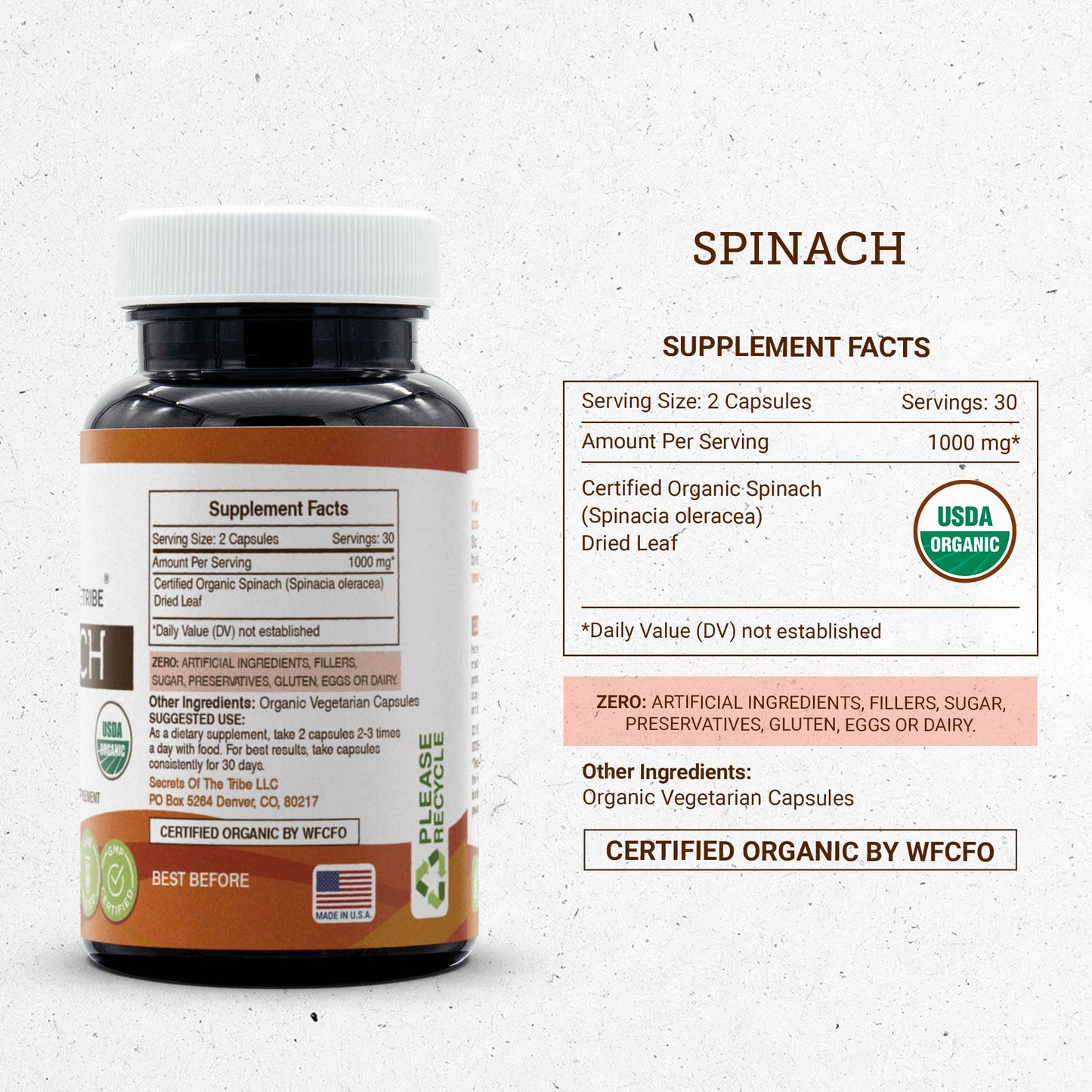 Secrets of the Tribe Spinach 60 Capsules – 1000 mg – USDA Organic Spinach (Pack of 2)
