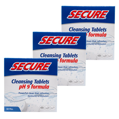 Secure pH 9 Denture Cleaner Tablets – For Dentures, Retainers & Nightguards (32 Count, 3-Pack)