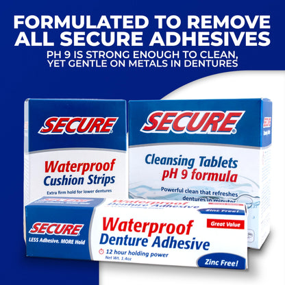 Secure pH 9 Denture Cleaner Tablets – For Dentures, Retainers & Nightguards (32 Count, 3-Pack)
