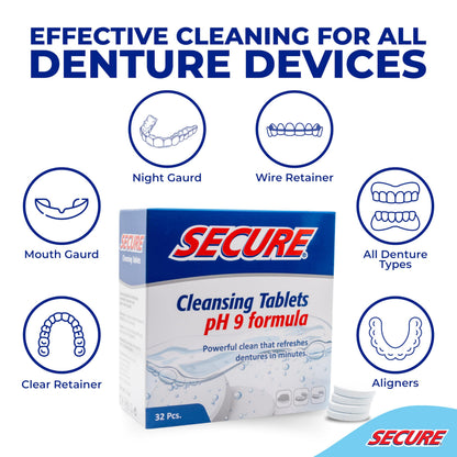 Secure Daily Cleansing Tablets – pH 9 Denture Cleaner (32 Tablets, 4 Pack)