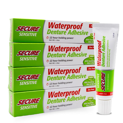 Secure Sensitive Gums Waterproof Denture Adhesive – Zinc Free with Aloe Vera & Myrrh | Extra Strong 12 Hour Hold | 1.4 oz Pack of 4