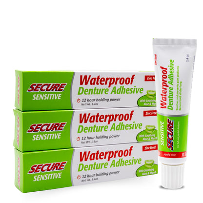 Secure Sensitive Denture Adhesive – 12-Hour Hold – Waterproof – Zinc-Free (3 Pack)