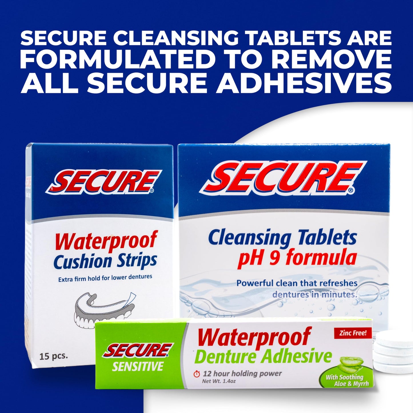Secure Sensitive Denture Adhesive – 12-Hour Hold – Waterproof – Zinc-Free (3 Pack)