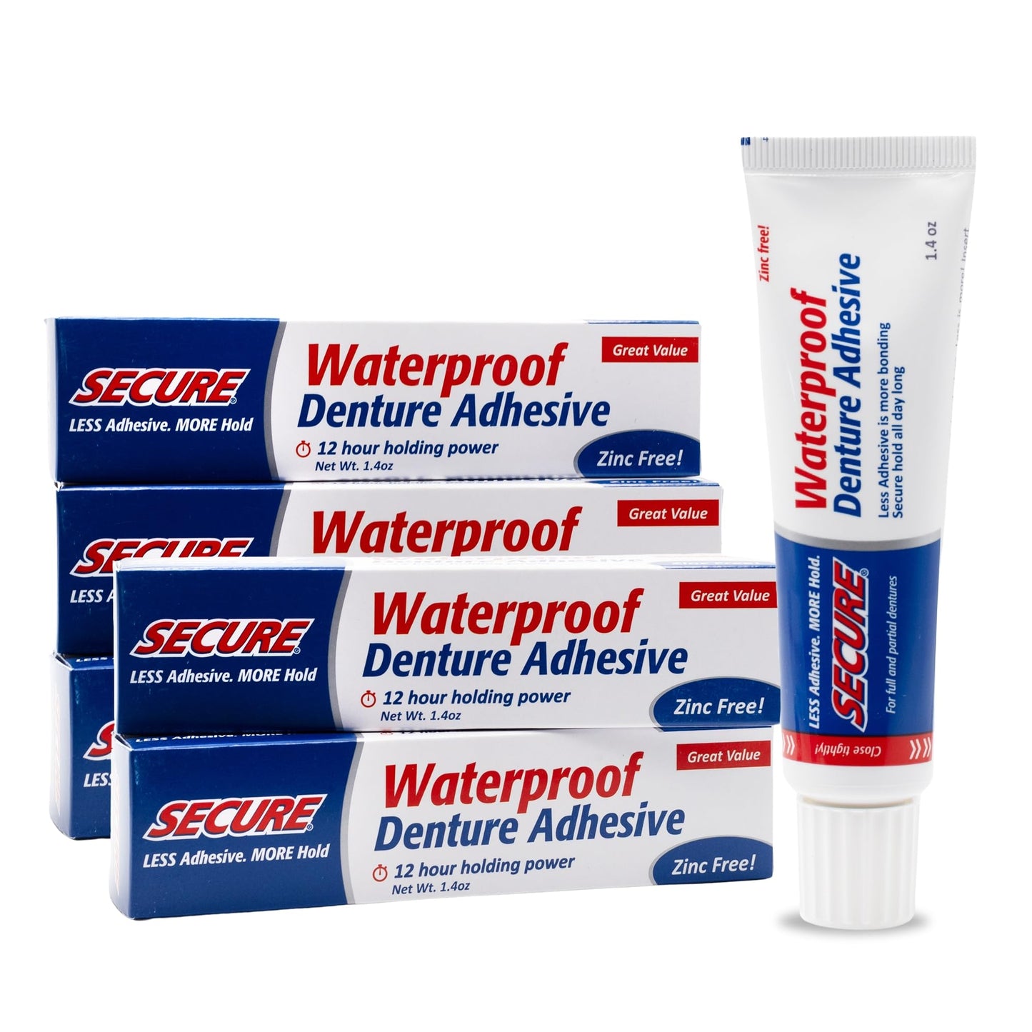 Secure Waterproof Denture Adhesive - Zinc Free, Extra Strong Hold for Upper, Lower or Partials - 1.4 oz (Pack of 5)
