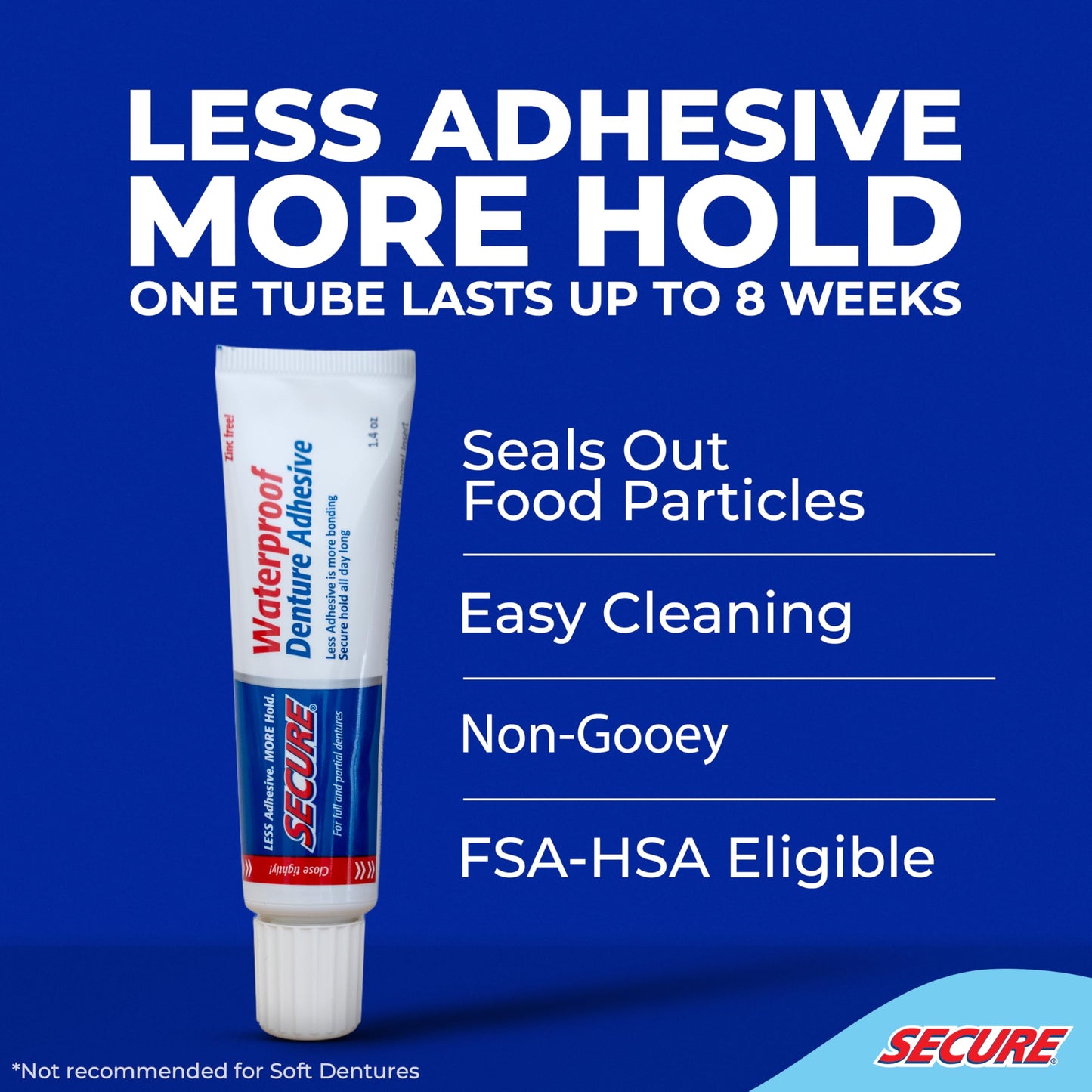 Secure Waterproof Denture Adhesive - Zinc Free, Extra Strong Hold for Upper, Lower or Partials - 1.4 oz (Pack of 5)