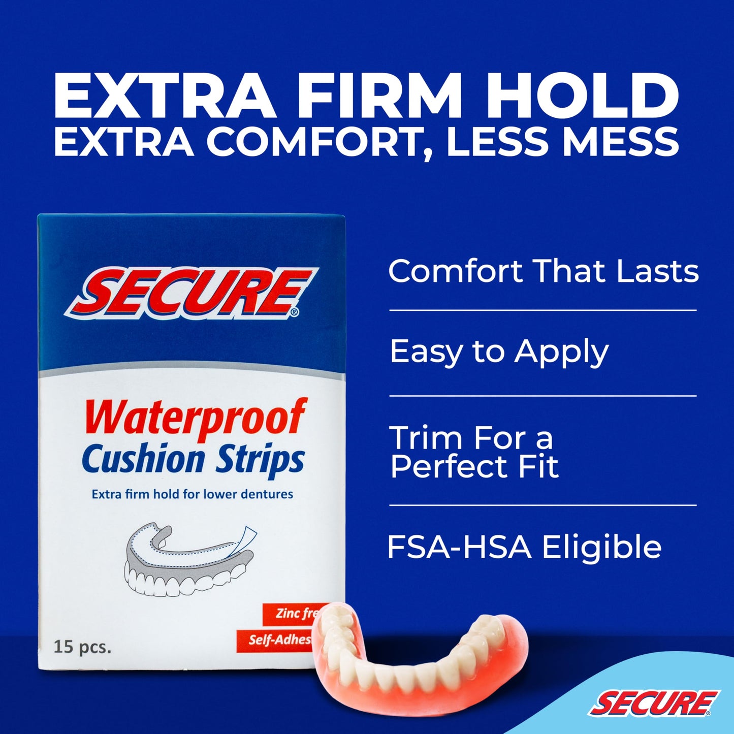Secure Denture Adhesive Strips – Zinc Free, Waterproof – All-Day Hold (75 Strips)