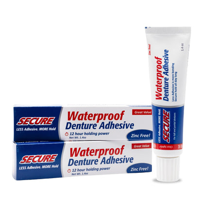 Secure Waterproof Denture Adhesive - Zinc Free, 12-Hour Hold, 1.4 oz Pack of 2