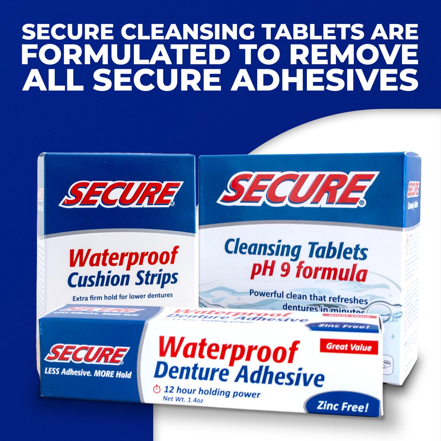Secure Waterproof Denture Adhesive - Zinc Free, Extra Strong Hold for Upper, Lower or Partials - 1.4 oz (Pack of 5)
