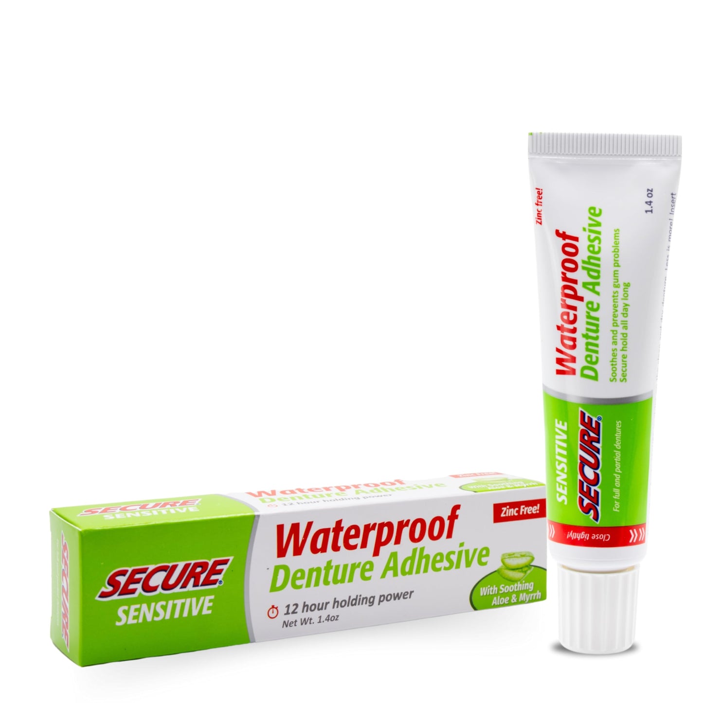 Secure Waterproof Denture Adhesive for Sensitive Gums – Zinc Free, Aloe Vera & Myrrh, 12-Hour Hold (1.4 oz)