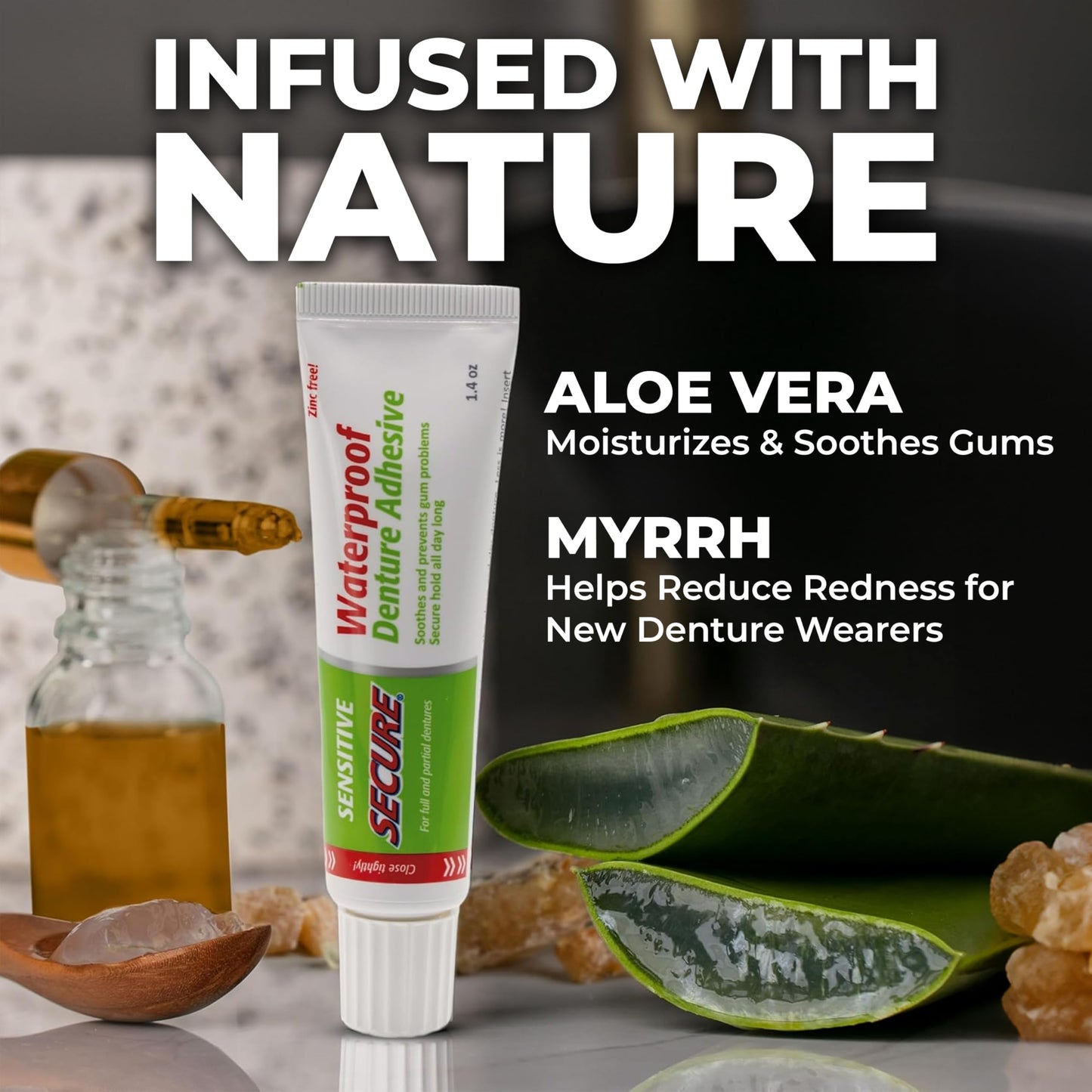Secure Waterproof Denture Adhesive for Sensitive Gums – Zinc Free, Aloe Vera & Myrrh, 12-Hour Hold (1.4 oz)