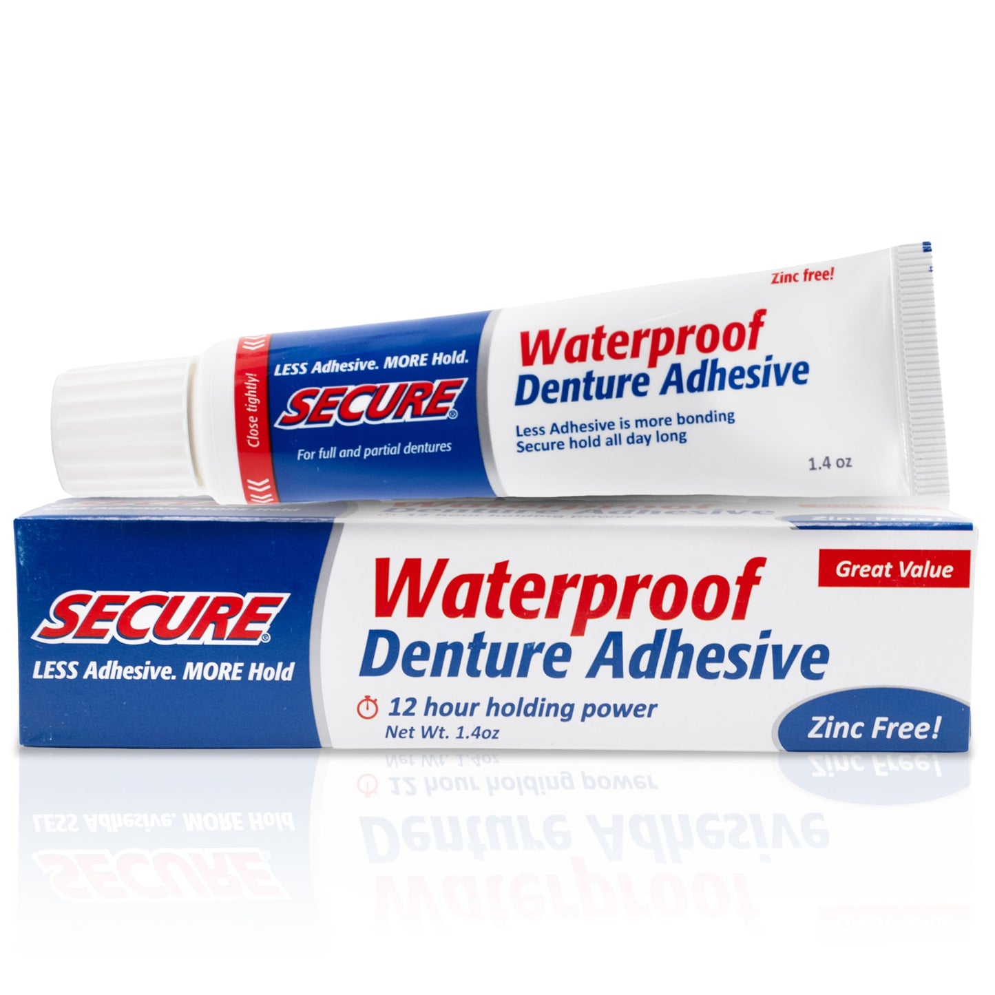 Secure Waterproof Denture Adhesive - Zinc Free - Extra Strong Hold 1.4 oz