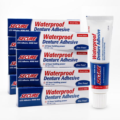 Secure Waterproof Denture Adhesive - Zinc-Free, Extra Strong Hold (1.4 oz, Pack of 8)