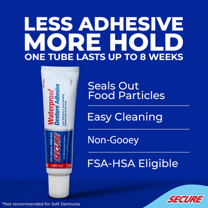Secure Waterproof Denture Adhesive - Zinc-Free, Extra Strong Hold (1.4 oz, Pack of 8)