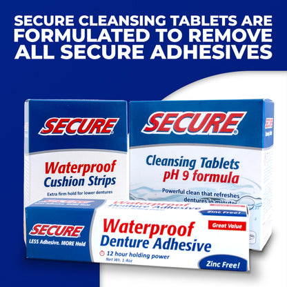 Secure Waterproof Denture Adhesive - Zinc-Free, Extra Strong Hold (1.4 oz, Pack of 8)