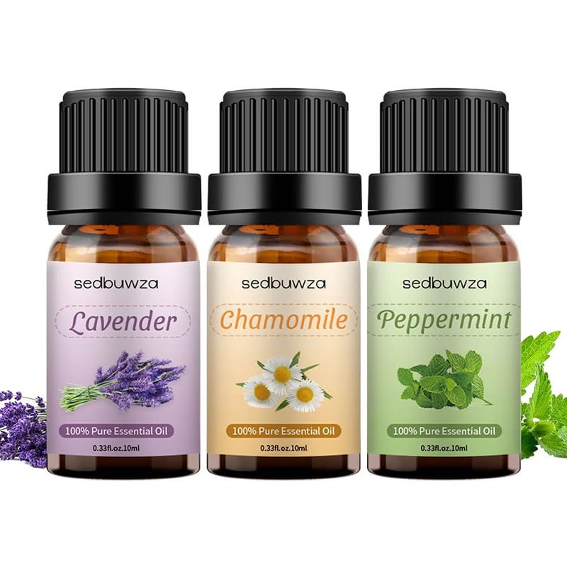 Sedbuwza 3 Pack Lavender Peppermint Chamomile Essential Oils | 100% Pure & Natural Aromatherapy Gift Oils