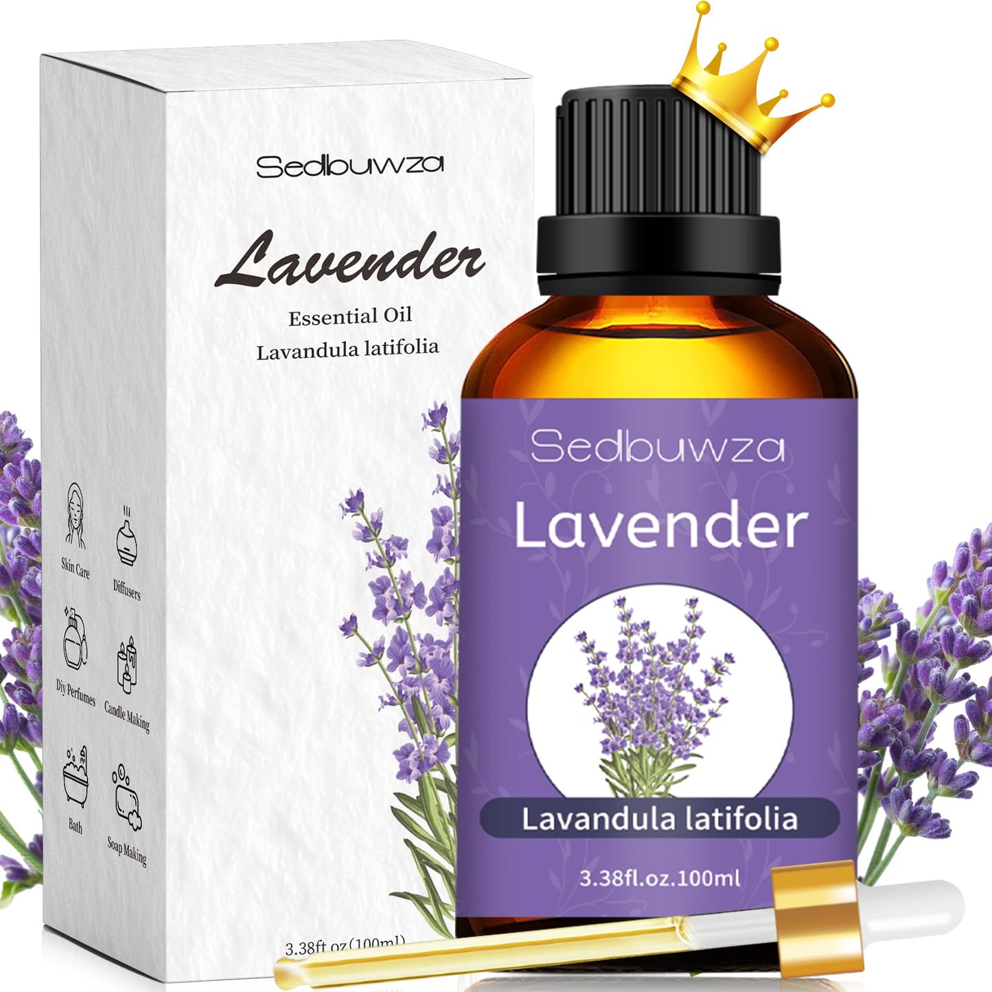 Sedbuwza Lavender Oil Essential Oil - 100% Pure & Natural, 100ml / 3.38 Fl Oz with Premium Glass Dropper