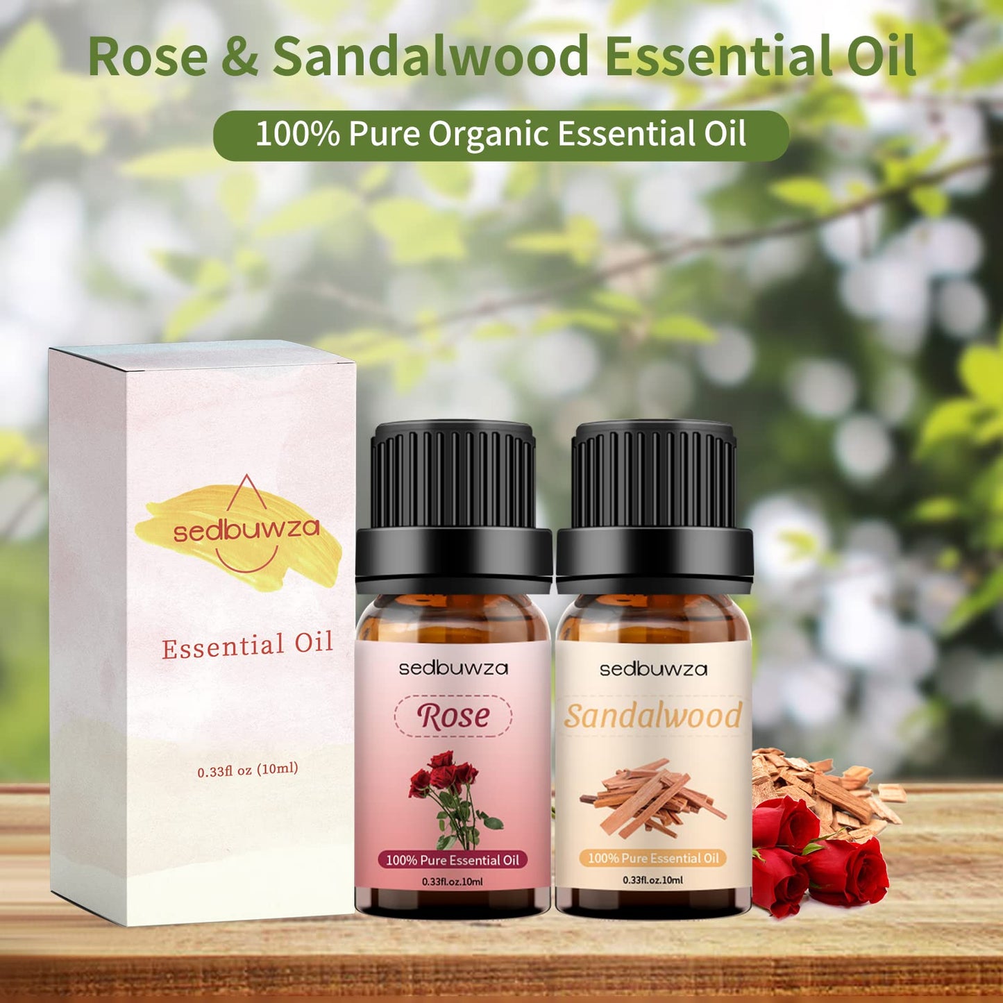 Sedbuwza Rose & Sandalwood Essential Oil Set - 2 x 10 ml for Diffuser