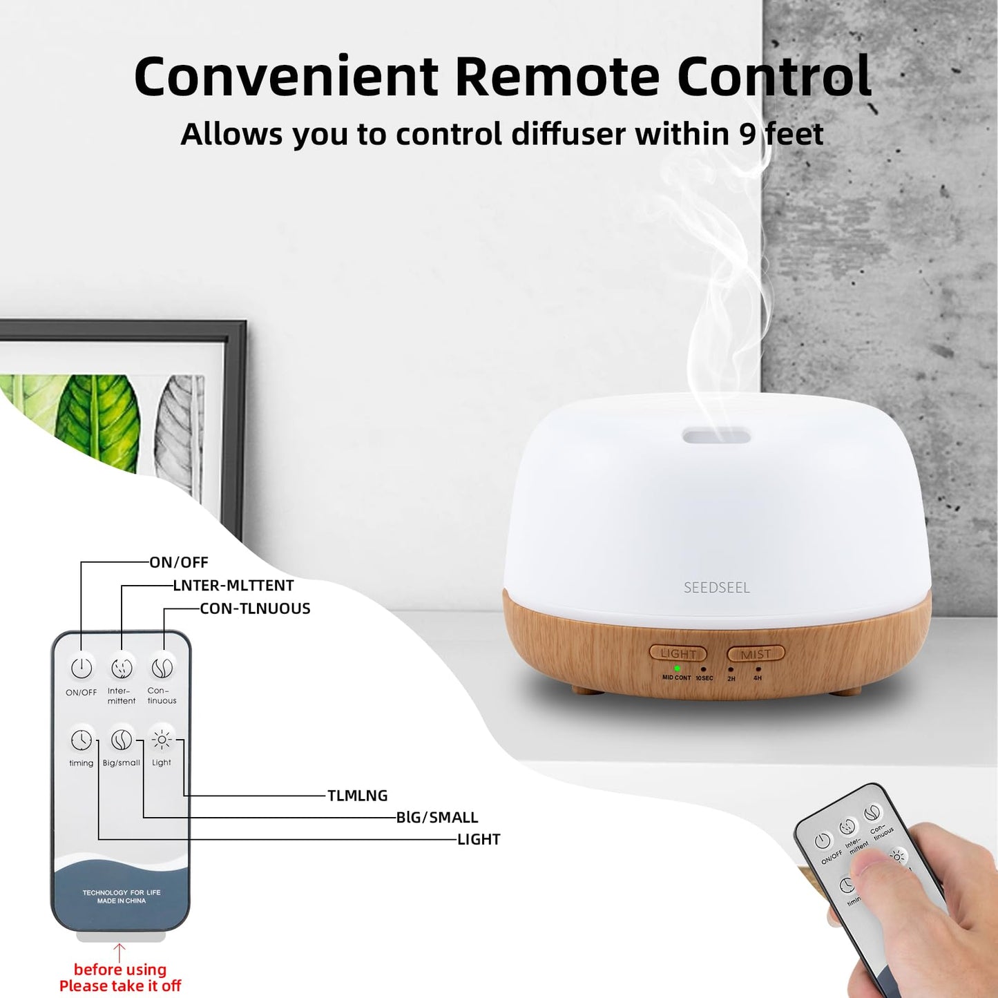 SEEDSEEL 300ML Essential Oil Diffuser – 7-Color LEDs, Remote