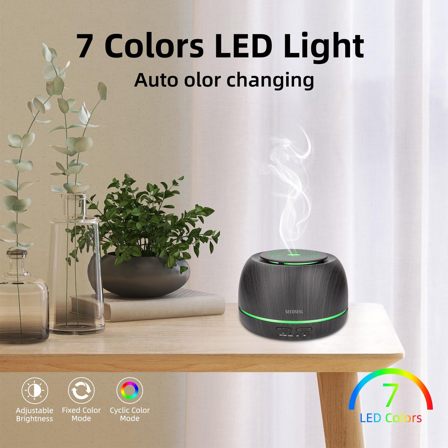 SEEDSEEL 300ML Essential Oil Diffuser – Ultrasonic Aromatherapy with Remote, 7-Color Lights, 8H Run Time