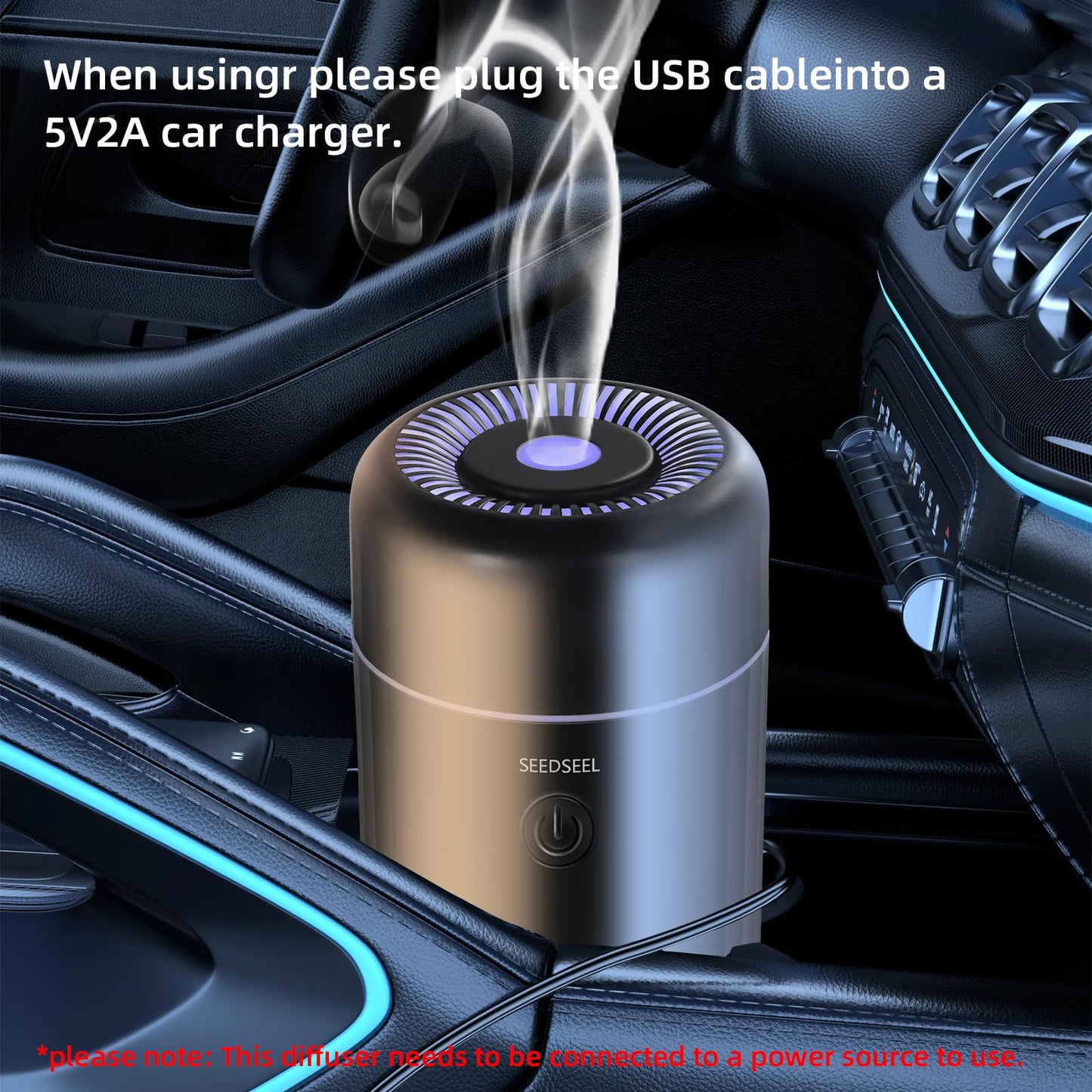 SEEDSEEL Car Diffuser for Essential Oils – Mini USB Humidifier with 7-LED Color