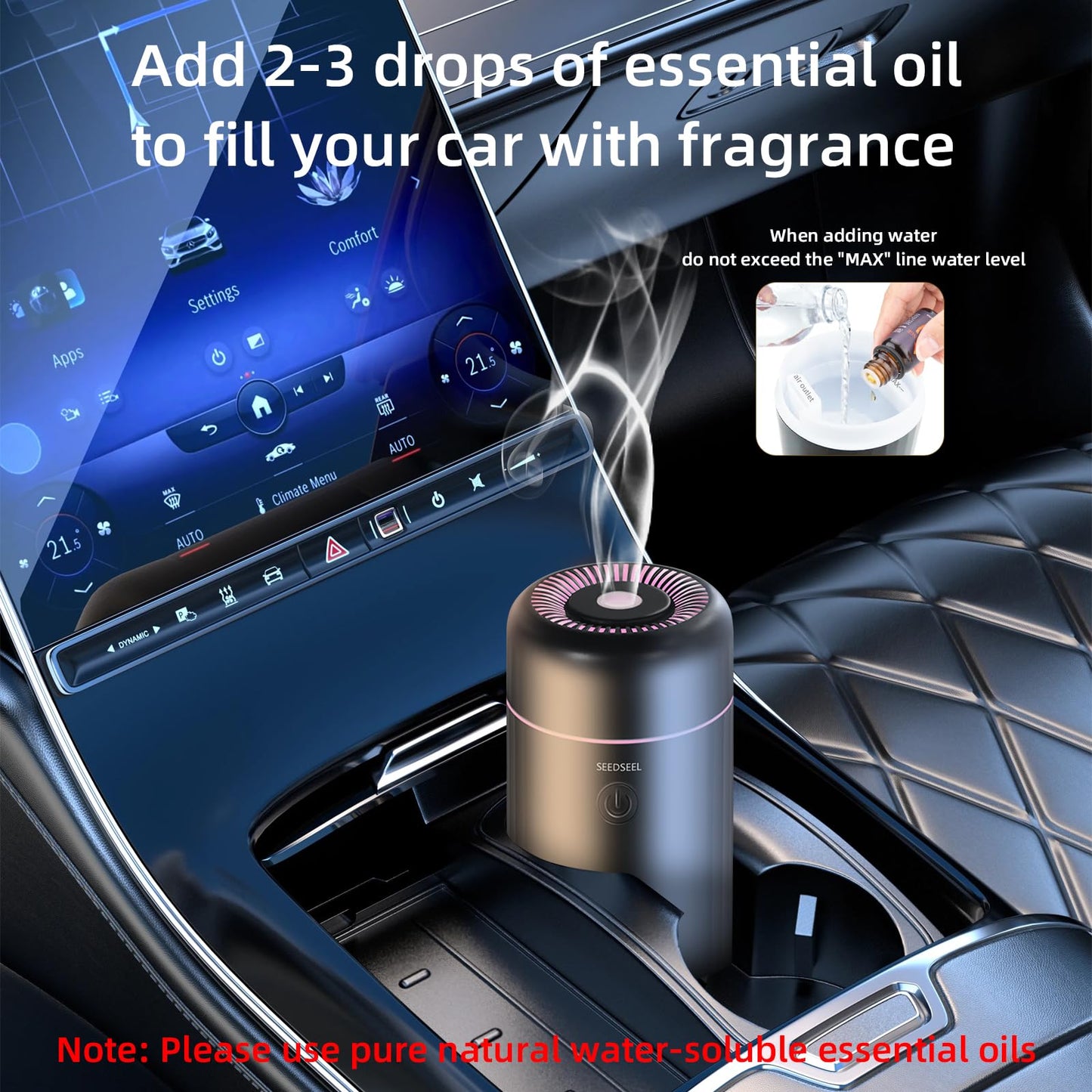 SEEDSEEL Car Diffuser for Essential Oils – Mini USB Humidifier with 7-LED Color