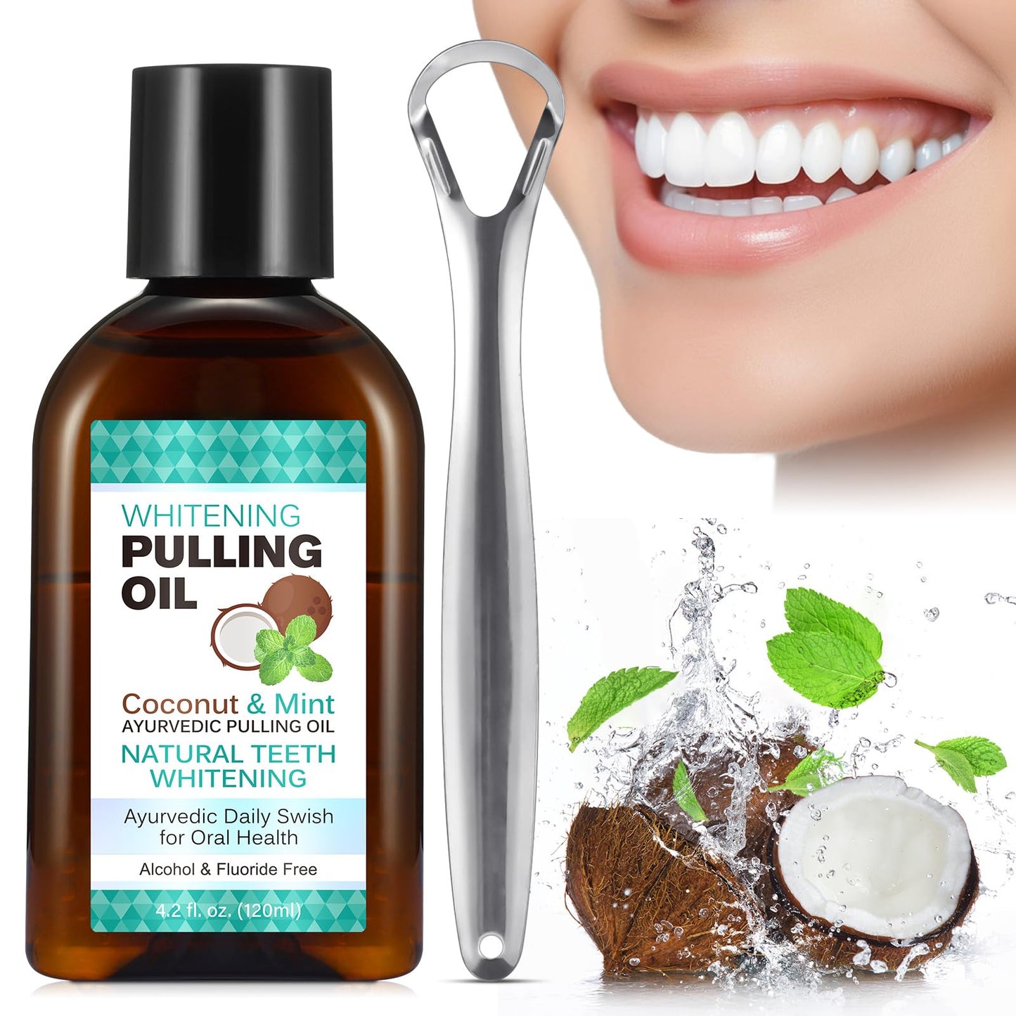 sefudun Whitening Coconut Pulling Oil (4.2 Fl Oz) – Teeth Whitening & Gum Health with Tongue Scraper