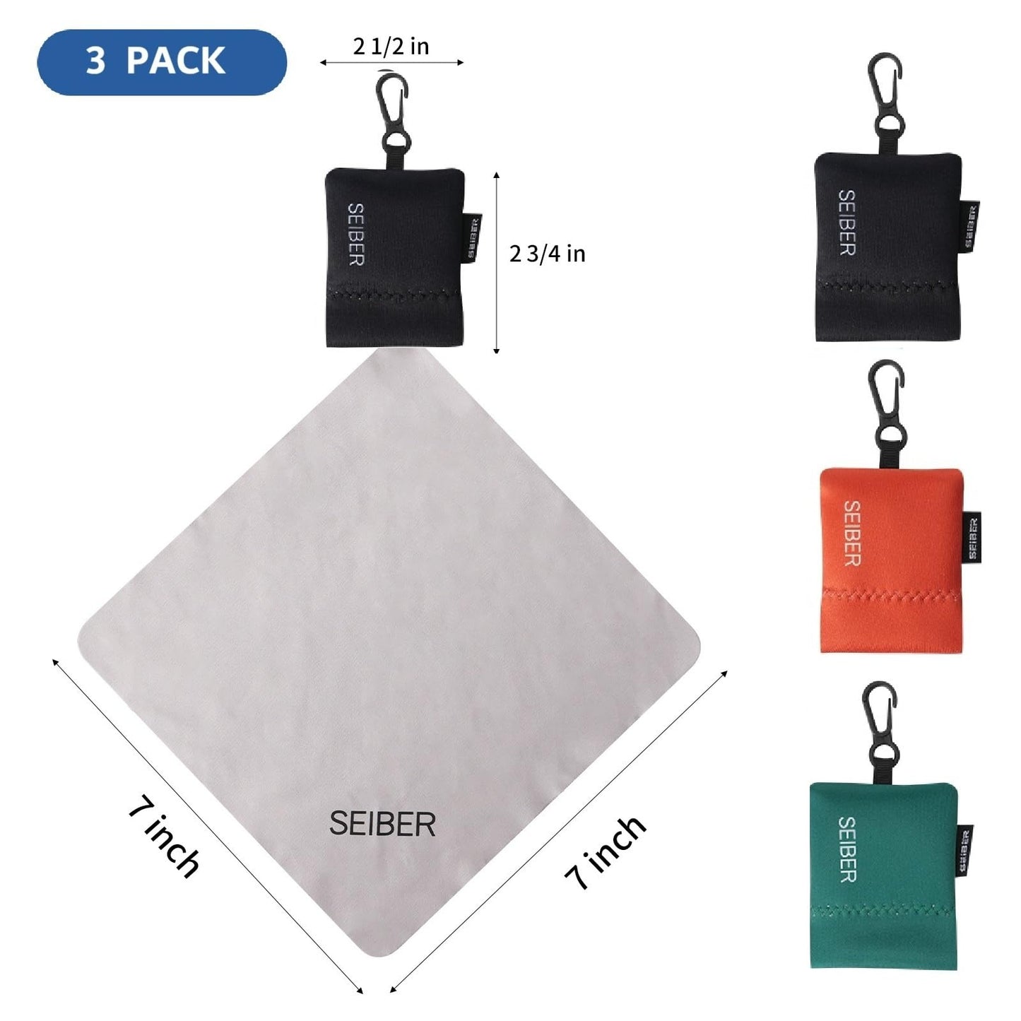 SEIBER Microfiber Eyeglass Cloth with Neoprene Pouch – 7x7 in, 3 Pack (BK/GRN)